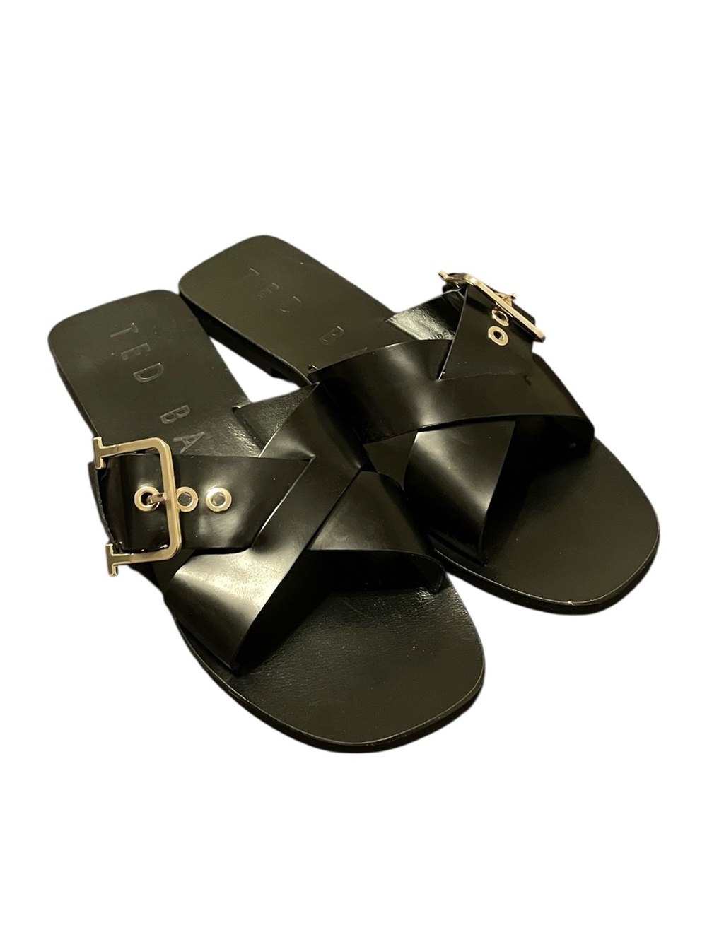 Ted Baker London Women's Black Joseei Flat Slip On Buckle Sandals Size 38.5